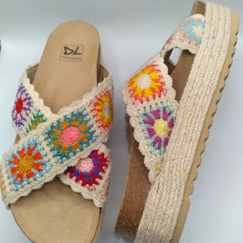 Dirty Laundry Cream Crochet Platform Slide Sandals with Multicolor Accents